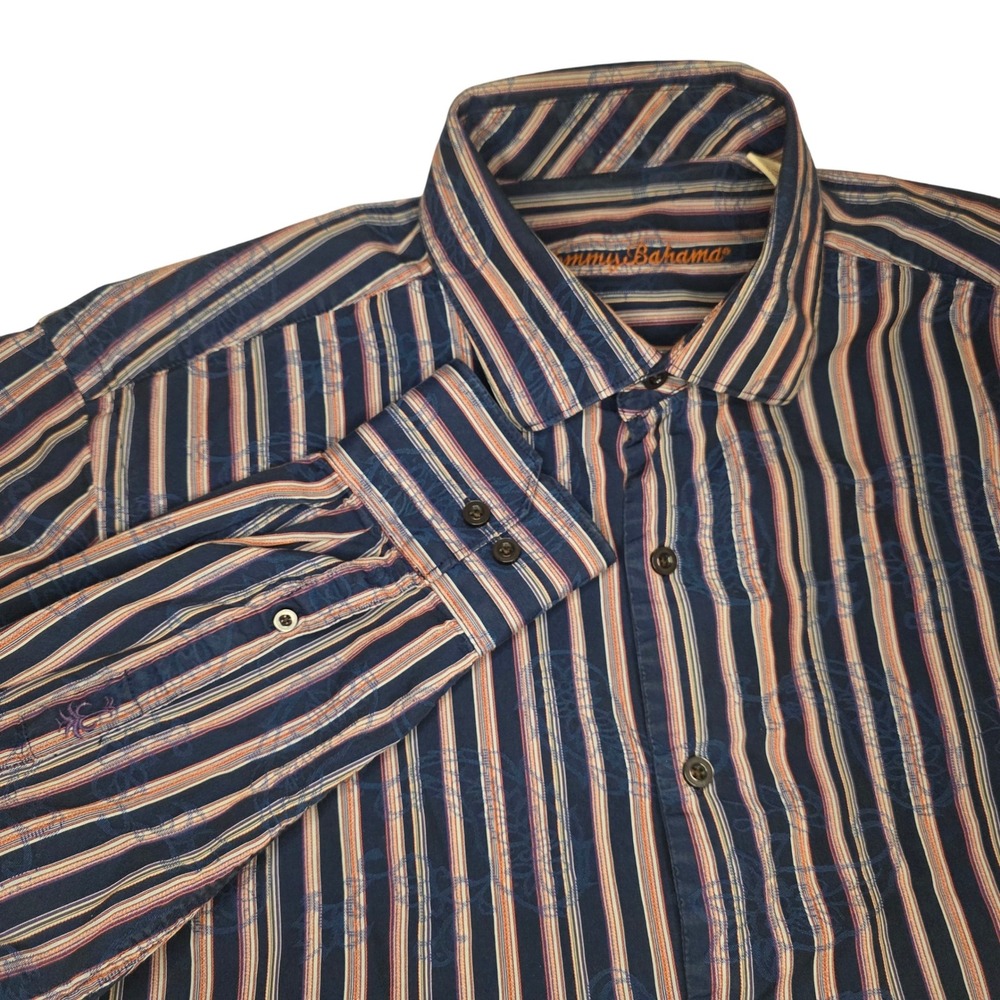 Tommy Bahama Silk Blend Mens Large Striped Button Down Floral Shirt L